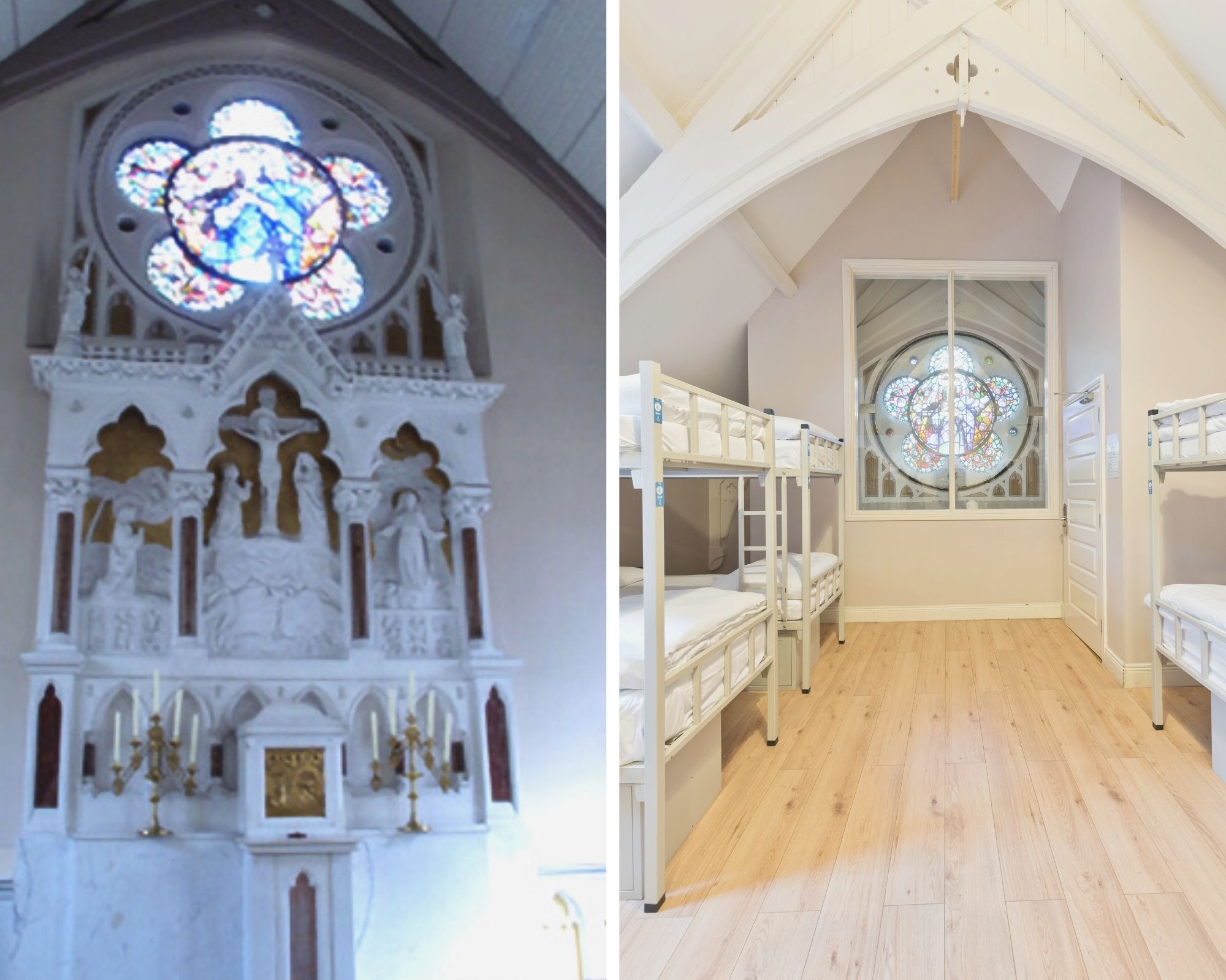 Two pictures comparing the original and renovated Chapel structure