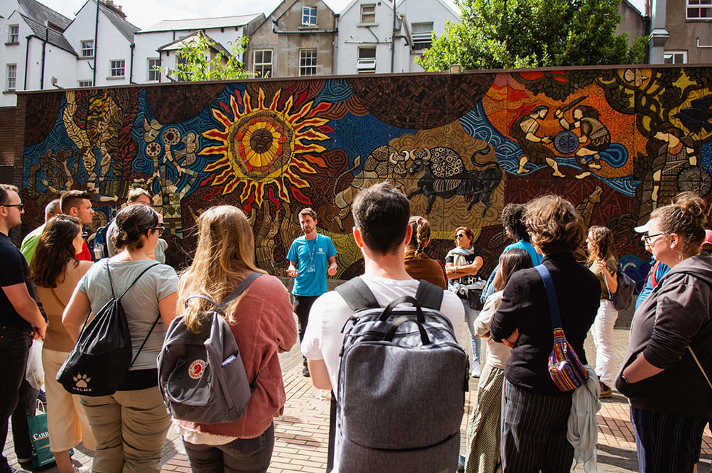 Group of people in a walking tour around Dublin, Ireland