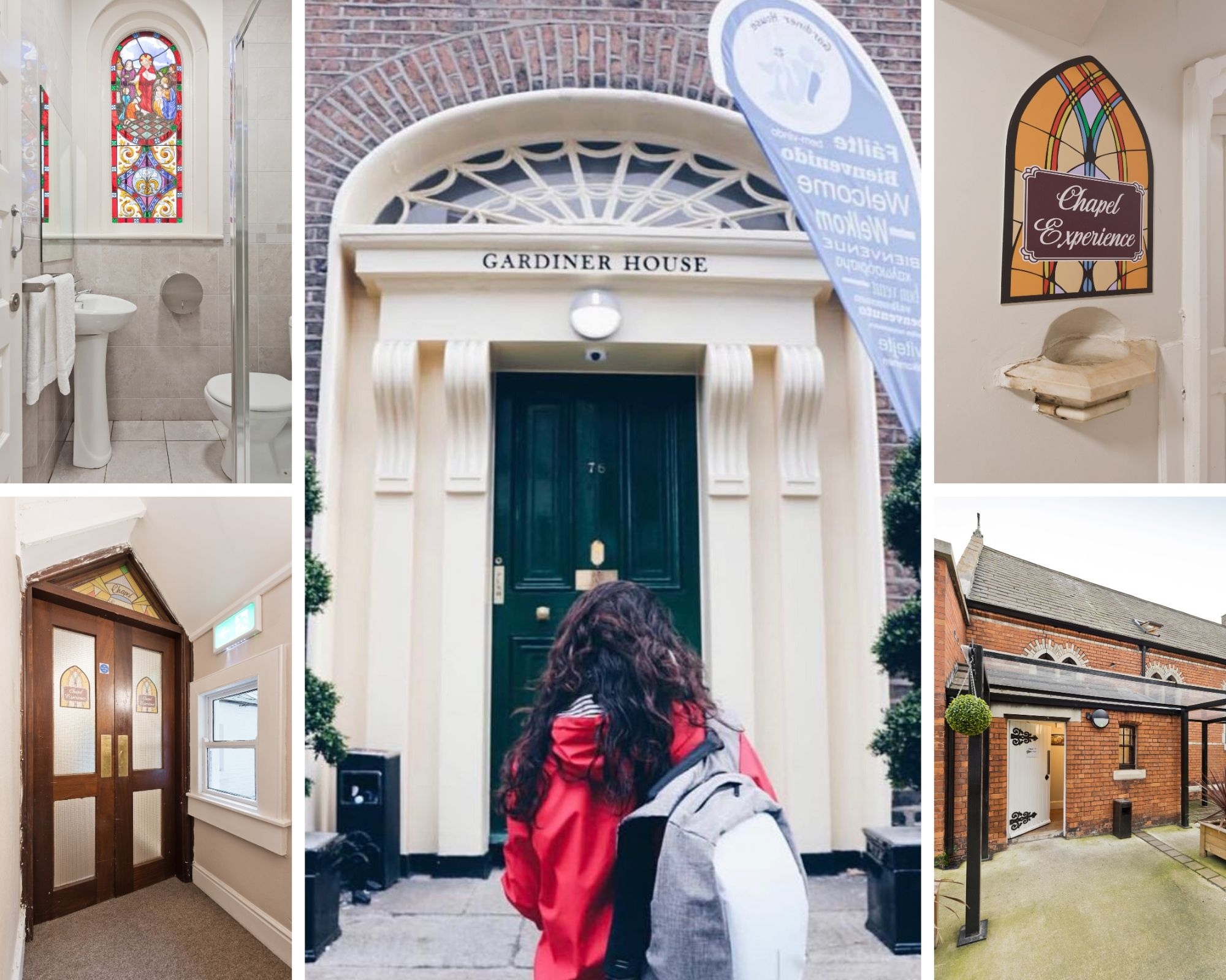 Photo collage with five pictures of the Chapel Experience at the Gardiner House Hostel
