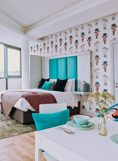 Stylish self-catering studio at Inchicore Suites in Dublin 8 with a bed, teal headboard, patterned wallpaper and a small dining area in the foreground.  Follow-ups  What are current prices and booking options for Inchicore Suites  How to get from Inchicore Suites to Dublin city center  What nearby attractions are close to Inchicore Suites  Guest reviews pros and cons of Inchicore Suites  Best alternatives to Inchicore Suites in Dublin 8