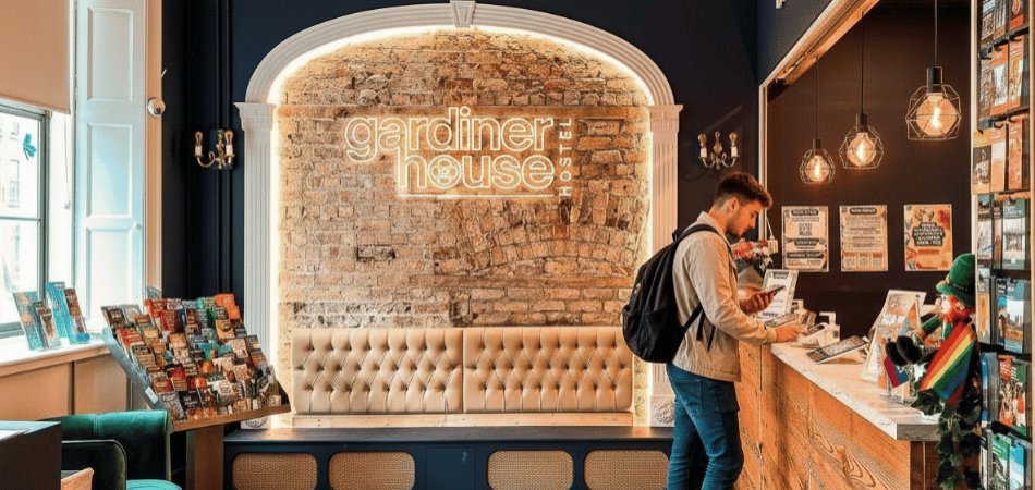 Guest with backpack checking in at Gardiner House Hostel reception desk, neon Gardiner House sign on brick wall archway, tufted benches, brochures, and pendant lights.